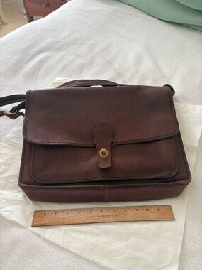 Coach Brown Leather Laptop Messenger Bag with Brass Turn-Lock